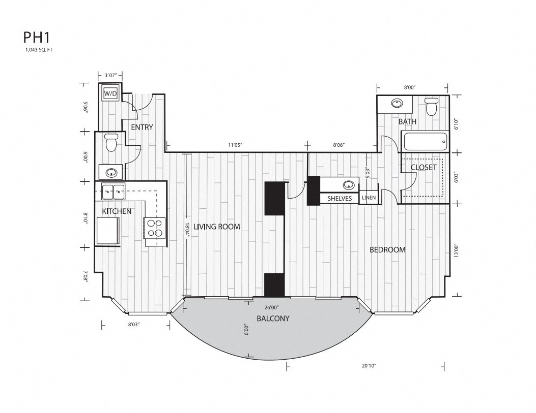 Floor plan for 1 bed, 1.5 baths, 1043 sqft